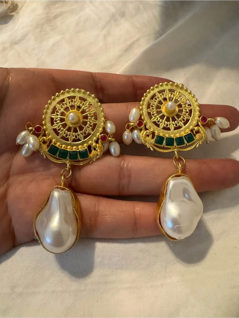 Desi Gold-Tone Pearl & Emerald Drop Earrings - Women Jewelry